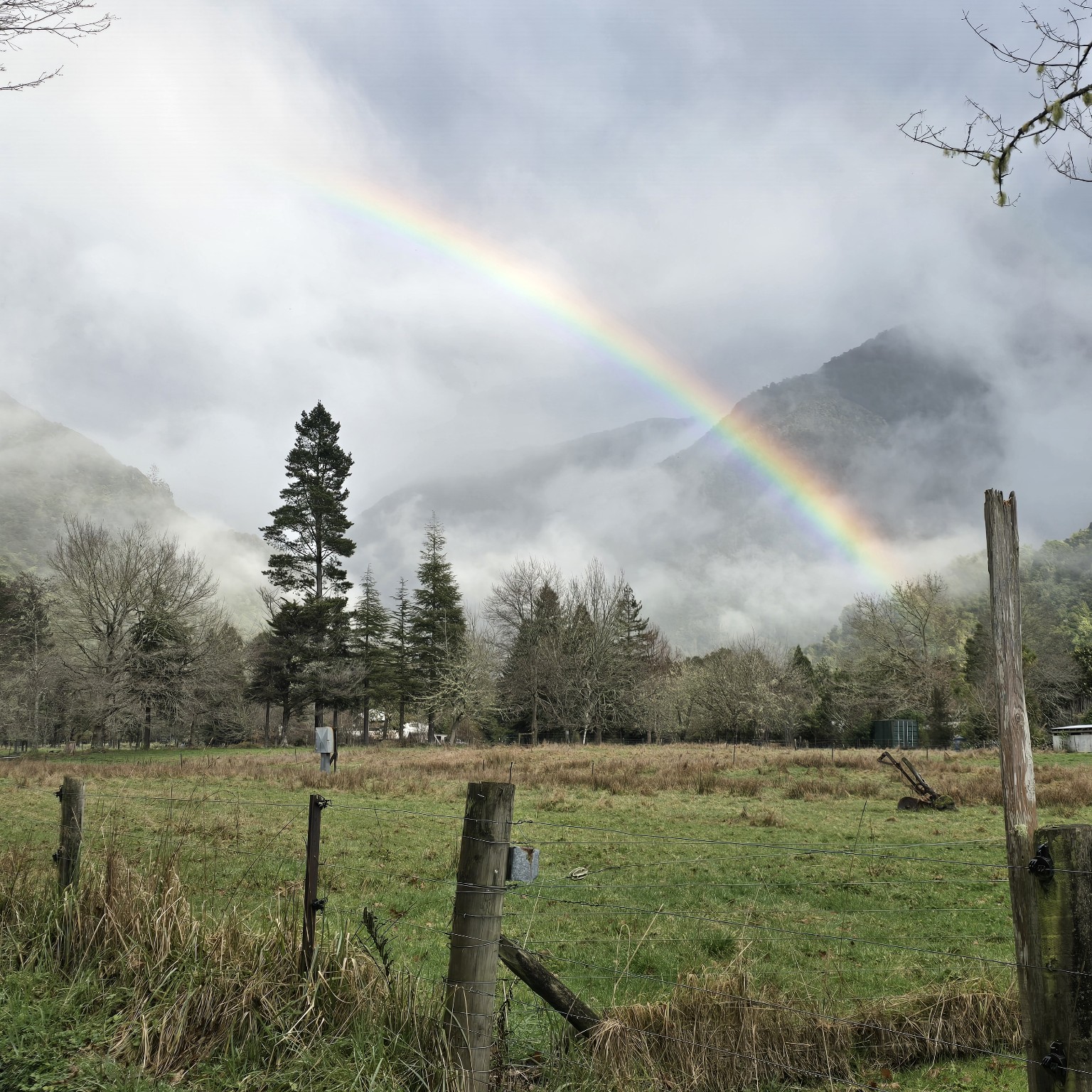 A rainbow falling into a misted bush valley above an old farm fence
